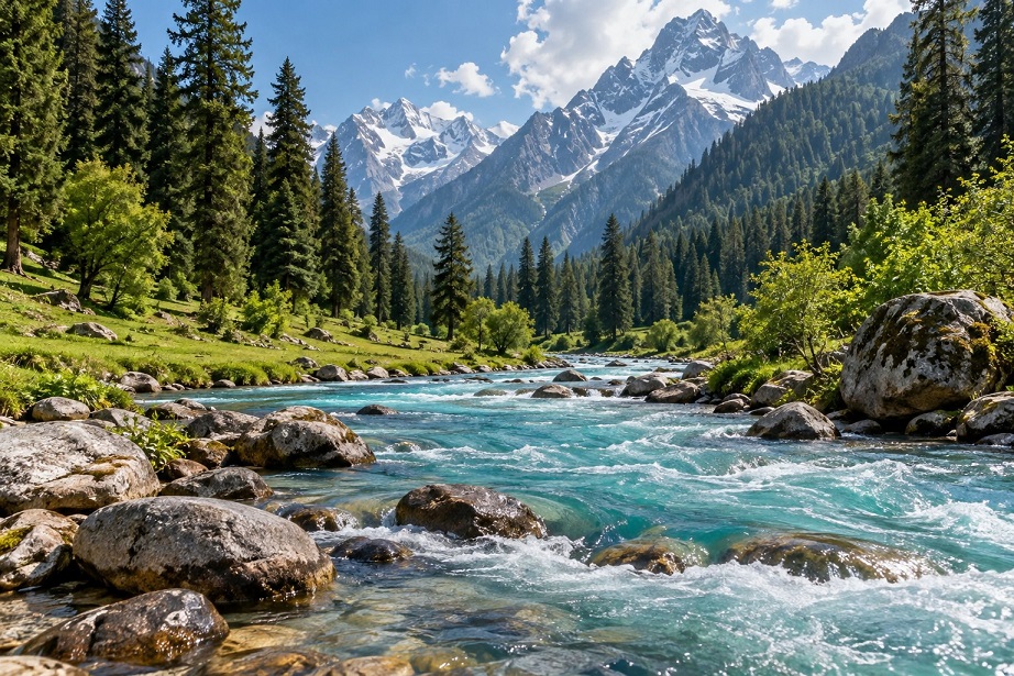 A clear river flowing through green Betaab Valley