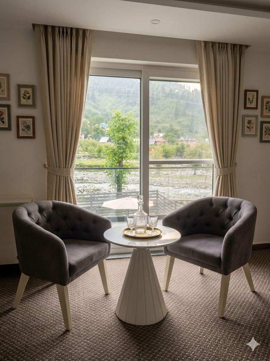Two armchairs beside a window with a green mountain view