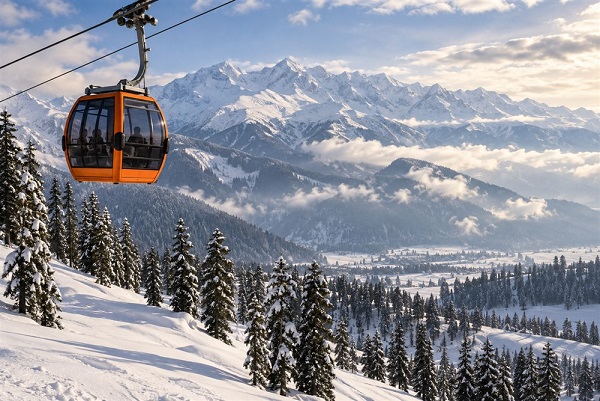 Orange gondola over the snowy mountains of Gulmarg