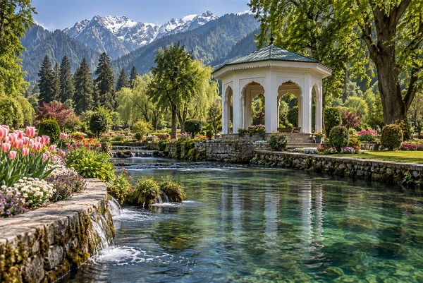 Flower gardens and a pavilion in Kokernag
