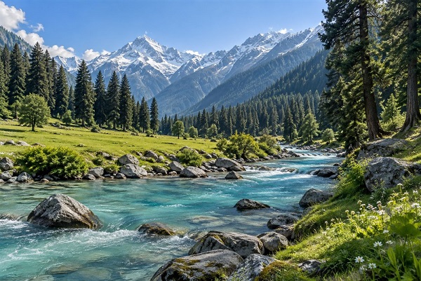 Pine trees and an emerald river in Pahalgam