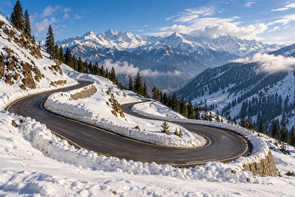 Winding road through the snow at Sinthan Top